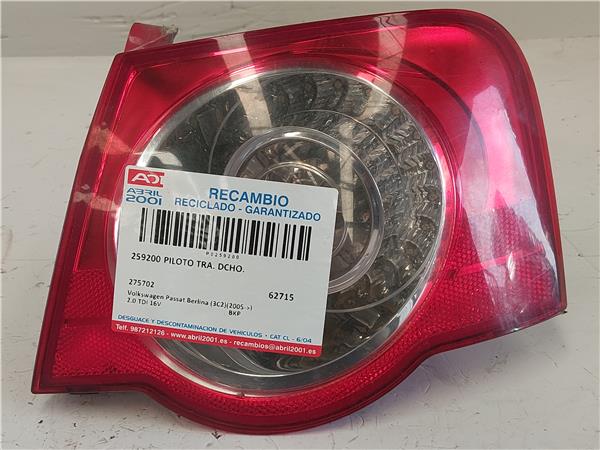 PILOTO TRA. DCHO. Volkswagen passat berlina (3c2)(2005->) 2.0 TDI 16V BKP 275702 GRIS Bombilla Derecha derecho Faro Lámpara Luz Trasera trasero
